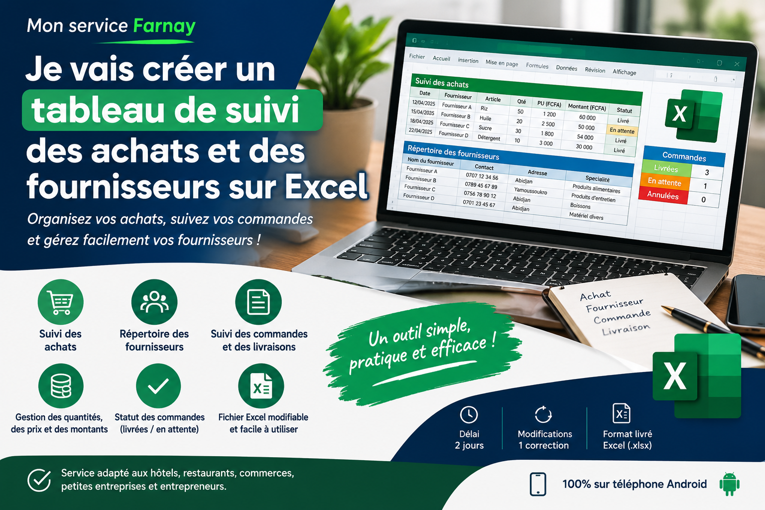 Je vais créer un tableau de suivi des achats et des fournisseurs sur Excel