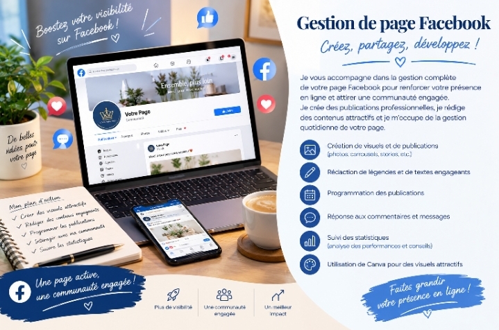 Je vais gérer votre page Facebook et créer des publications professionnelles pour développer votre visibilité