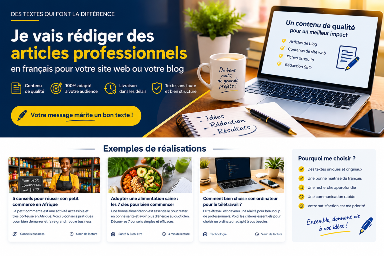 Je vais rédiger des articles professionnels en français pour votre site web ou votre blog