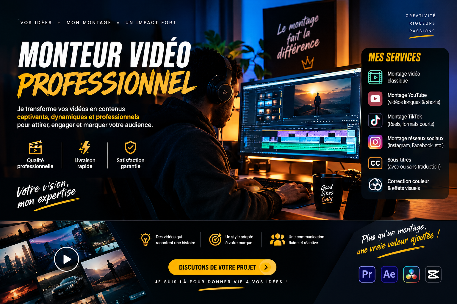 Je vais Monter votre vidéo professionnelle qui vous ressemble et qui fige votre clientèle.