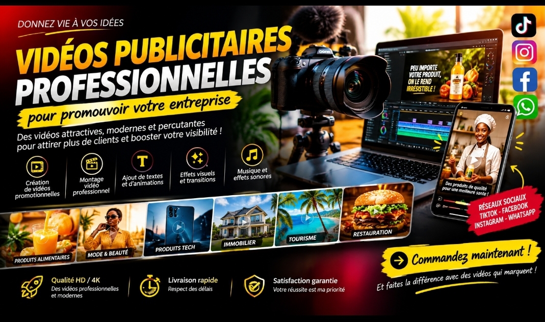 Je vais créer des vidéos publicitaires professionnelles pour promouvoir votre entreprise