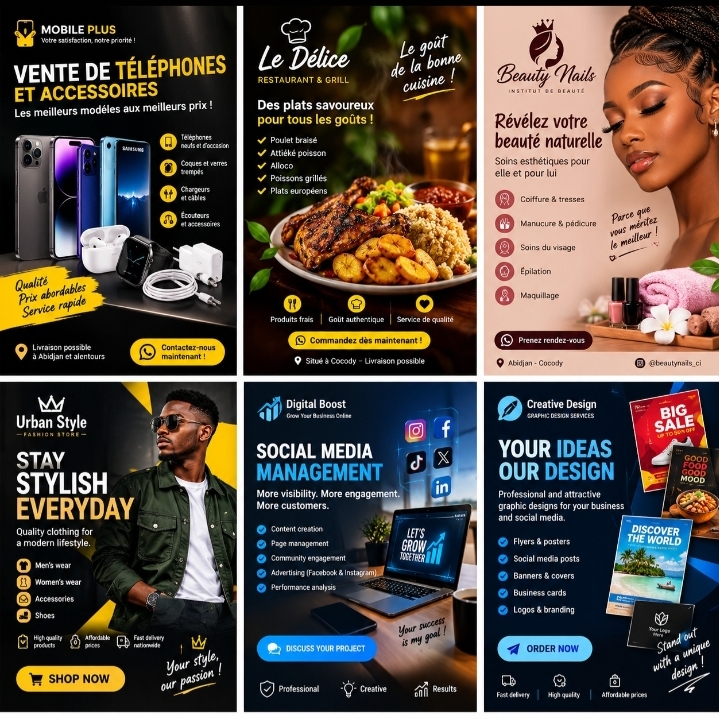 Je vais créer 3 affiches publicitaires professionnelles pour vos réseaux sociaux